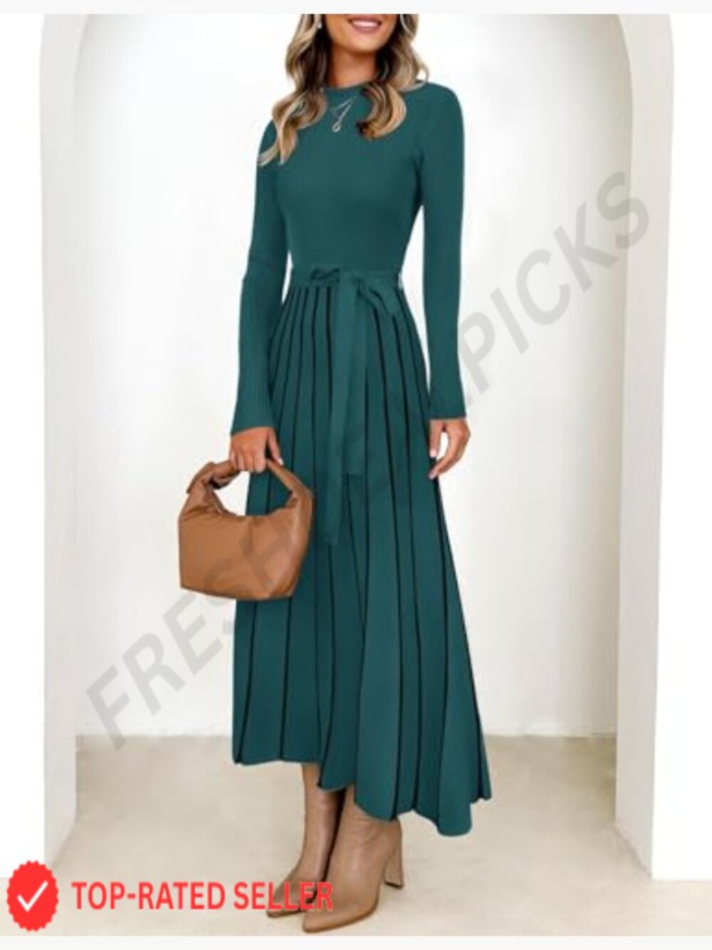 Turtleneck Long Sleeve Sweater Dress Tie Waist Casual Loose Ribbed Knit A Line - Picture 3 of 7